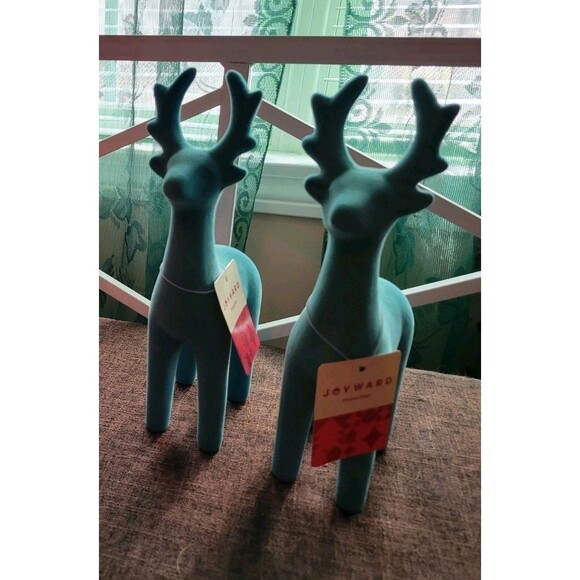 Deer Figurines in Sage Green Joyward Flocked 9.6" Soft Feel, Set of 2 - NEW - Picture 2 of 6